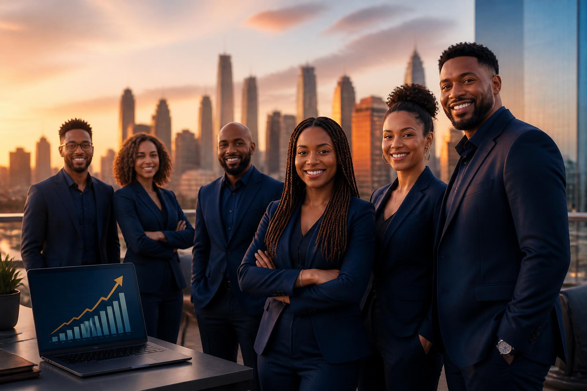 Diverse group of professional entrepreneurs standing together at sunset with a city skyline behind them